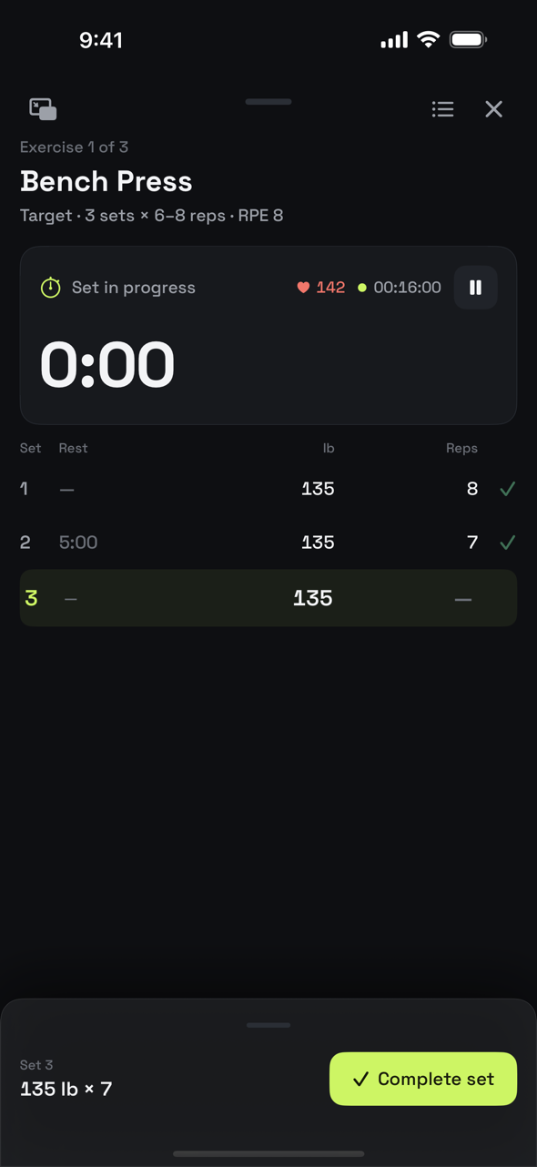 Ollim live session — Bench Press targeting 3 sets of 6–8 reps at RPE 8, sets logged at 135 lb, with a running set timer and a lime Complete set button.