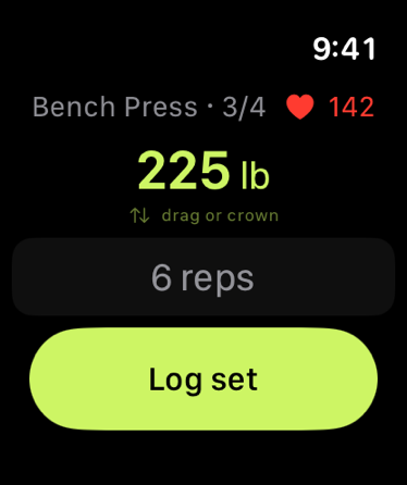 Ollim on Apple Watch — logging Bench Press set 3 of 4 at 225 lb for 6 reps with a lime Log set button.