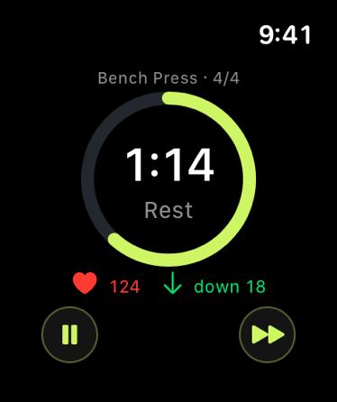 Ollim on Apple Watch — a 1:14 rest timer before Bench Press set 4 of 4, with a lime progress ring and pause and skip controls.